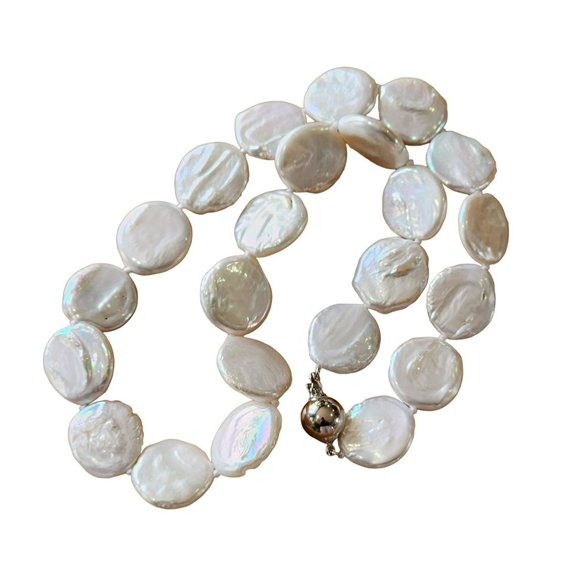 White‎ Coin Cultured Freshwater Pearl Necklace And Earring Set 925S Clasp - Picture 15 of 16